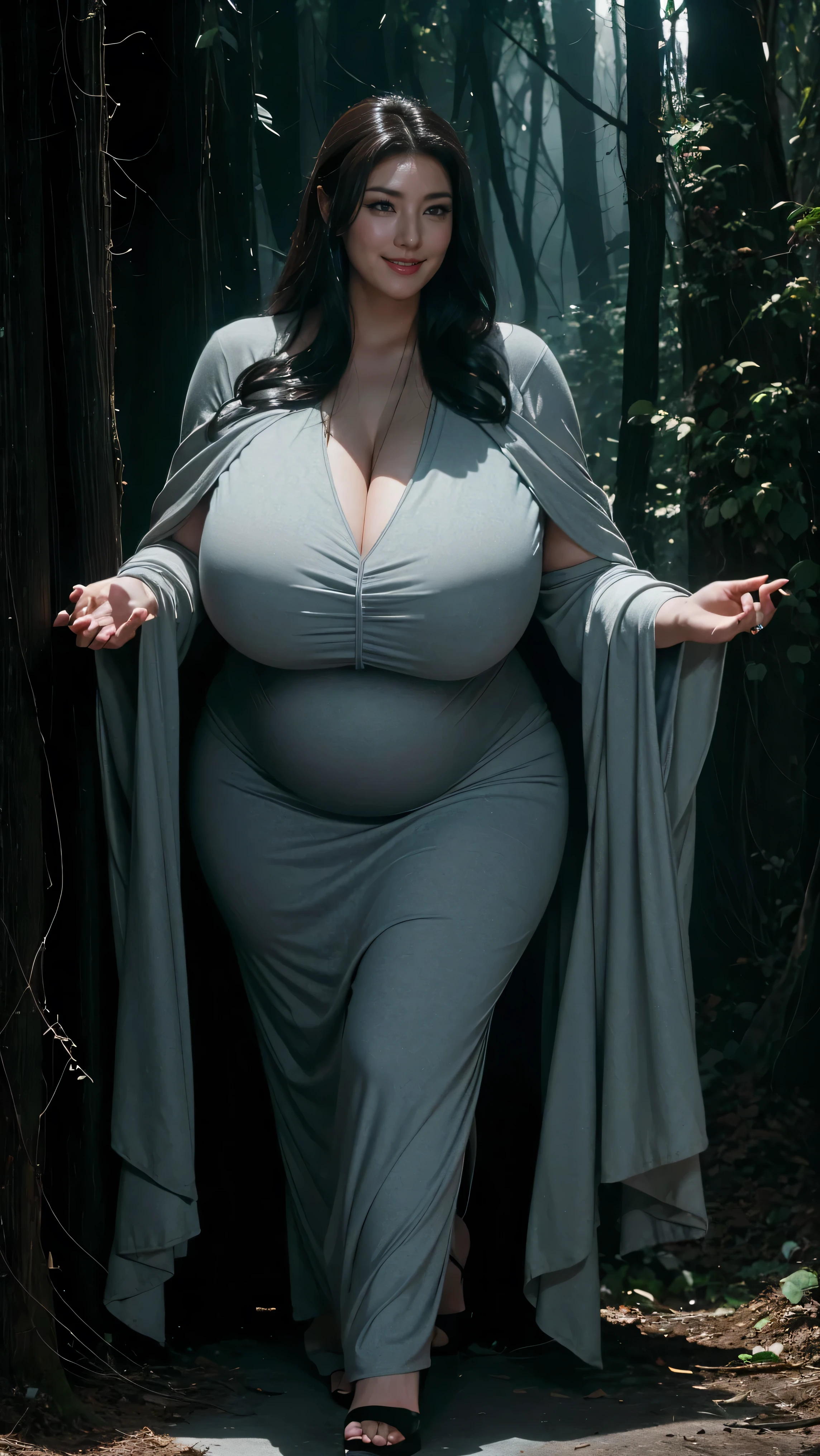 Beautiful middle-aged woman in a gray robe standing in a dark forest, Magnificent style, Octane Rendering, Desert Composition, Beautiful Face, Surreal, Oil on canvas, Award-winning, masterpiece, Trending on Art Station, Studio Ghibli、High heels、Full body portrait、The whole body is projected, (A sadistic smile of temptation), (Curvaceous), ( 信じられないほど大きくてCurvaceousのあるヒップ), (Incredibly thick thighs), (Shining skin), (Wet oily skin), Plus Size Model,Fat pregnant woman、Thick waist、Face of a middle-aged woman with a plump body、Beautiful expression、Big Belly、A 55-year-old pregnant middle-aged woman,