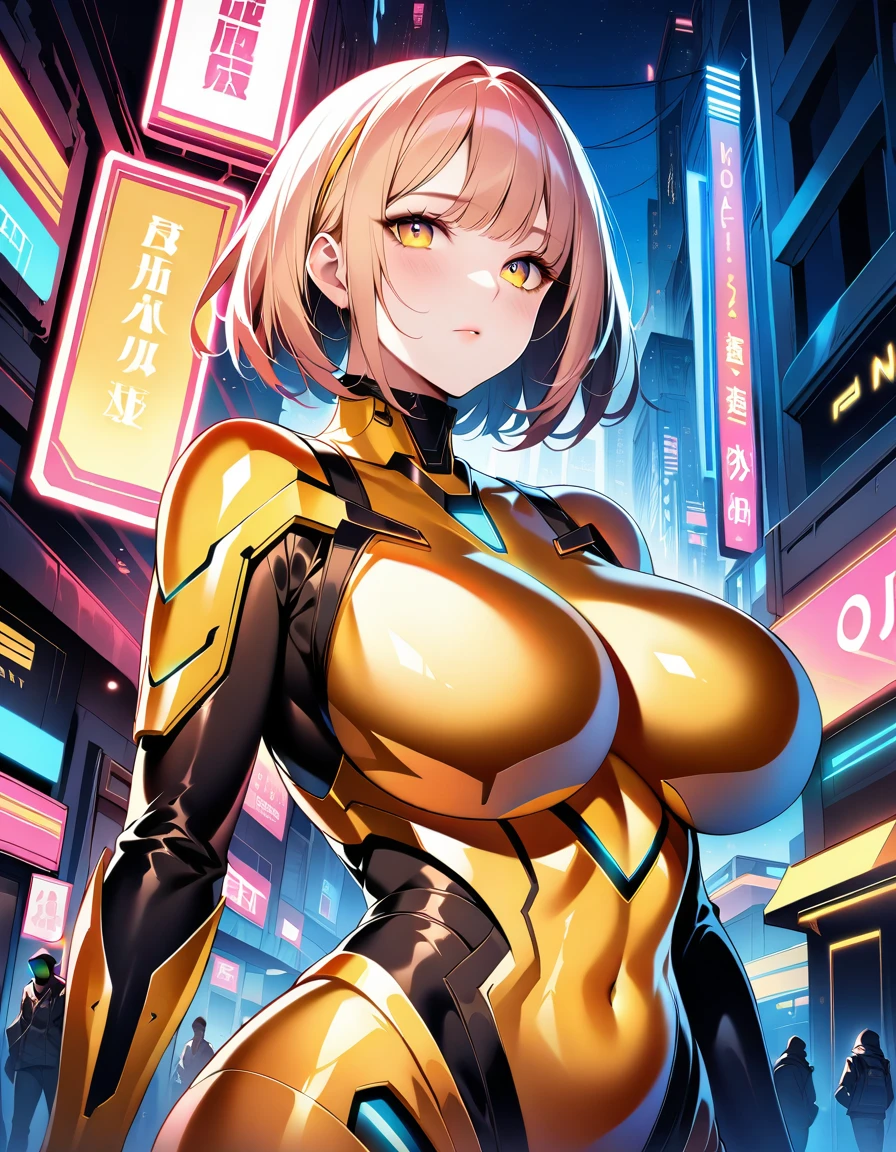 digital painting of yellow haired woman，Cyberpunk Art，Josan Gonzalli Hans Contest Winner，afro futurism，synthetic wave，Neon light，Glowing neon lights，((Huge breasts :1.5))ｖ