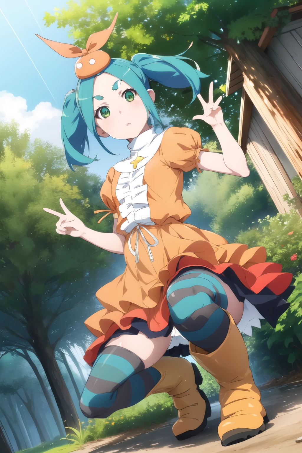 (ononoki yotsugi),One girl, View your viewers,
Striped pantyhose, blue and gray pantyhose, dress, (orange dress), white turtleneck collar, White frills, Have, Puff sleeves, Short sleeve, 
Aqua Hair, short hair, Green Eyes, Twin tails, Thick eyebrows, yellow rain boots
garden, wood, close,
(on one knee), (arm up) ,(peace fingers), (dutch angle)
Expressionless, Mouth closed,