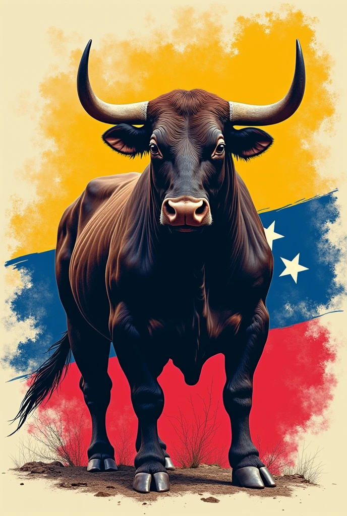 Make an image where a bull appears, the flag of Spain, The Venezuelan flag in feminine to print on a t-shirt