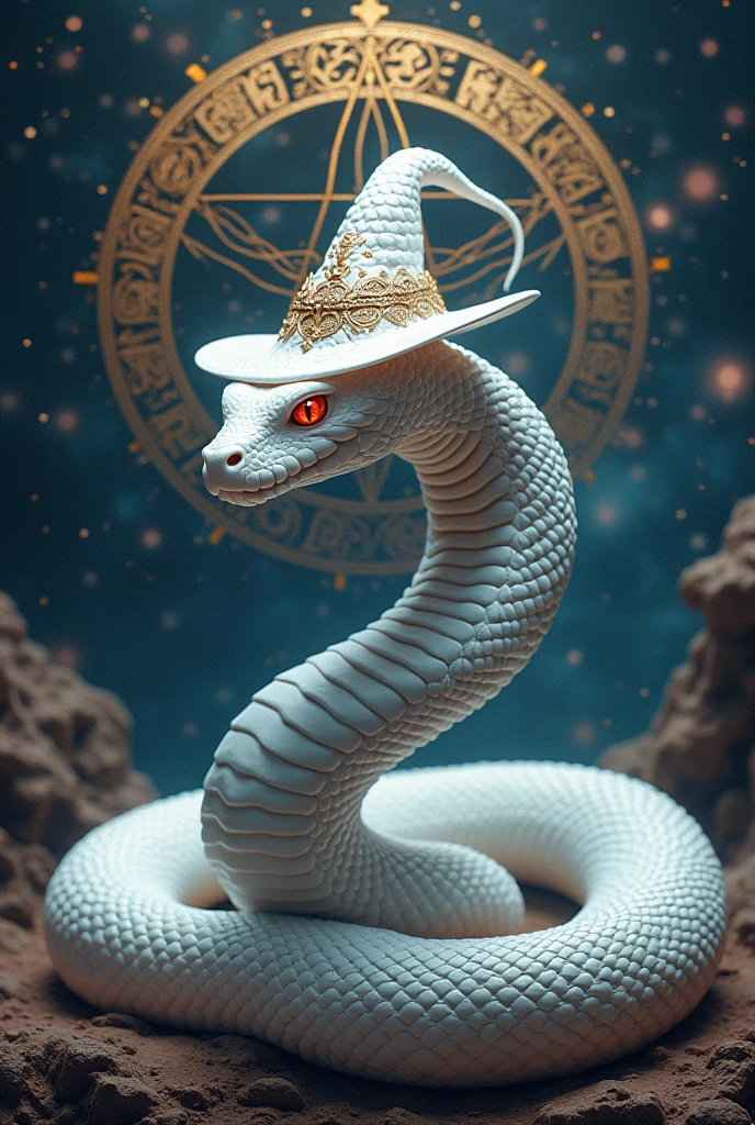 a white snake with a witch's hat, surrounded by symbols of magic and the cosmos, no people, hat, witch's hat, border, animal focus, animal, magic circle, black border, hexagram. ultra-realistic, hyper-detailed, 32k uhd,hyper-detailed,ultra-realistic, 8k,, red eyes, (Background Universe and Galaxy) (Background Magic Galaxy and Magic Universe, A lot of stars in the sky dark), surrounded by symbols of magic Diagram, Witch Star, Behind snake very Big hexagram In the middle Background and old vikings writhing Fonts, witch Fonts writhing, hexagram is Witches Gods Scripture Fonts