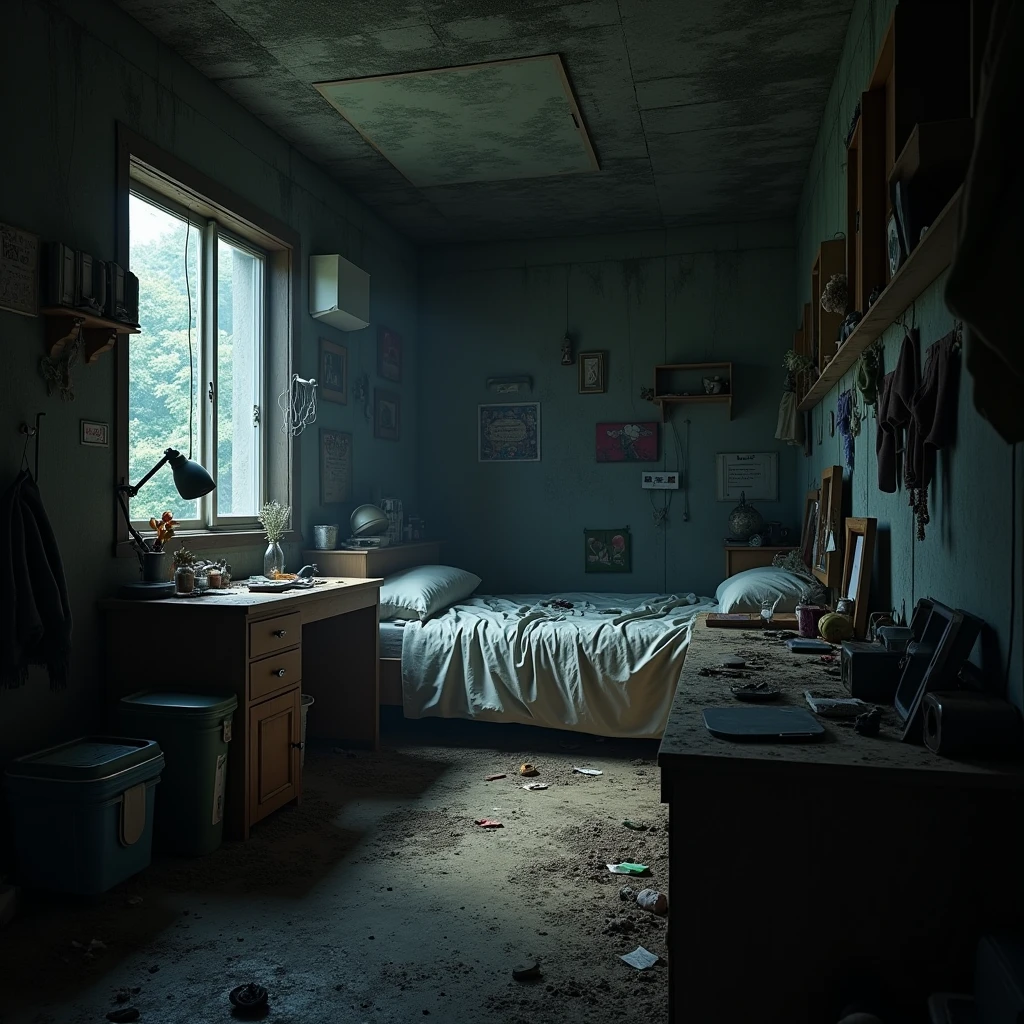hakikomori room design, underground, lots of items, dirty, dark light, super detailing, cinematic light