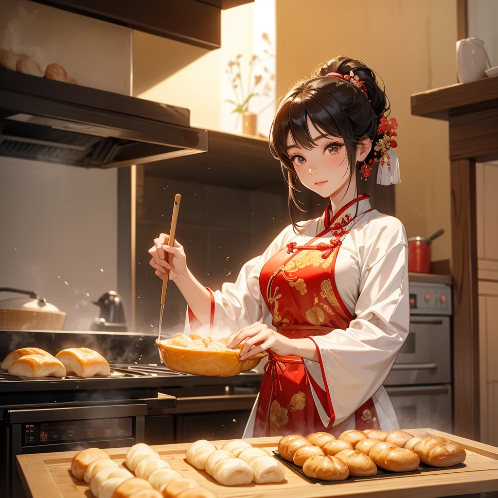 Beautiful girl in ancient Chinese costume Standing in the kitchen Baking bread in front of a large oven in the middle of the day. The sun shines on my face, my eyes sparkle. There is a place for steaming steamed buns nearby, close up.