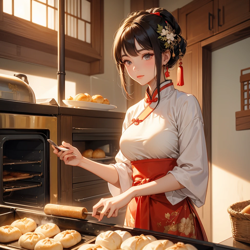Beautiful girl in ancient Chinese costume Standing in the kitchen Baking bread in front of a large oven in the middle of the day. The sun shines on my face, my eyes sparkle. There is a place for steaming steamed buns nearby, close up.