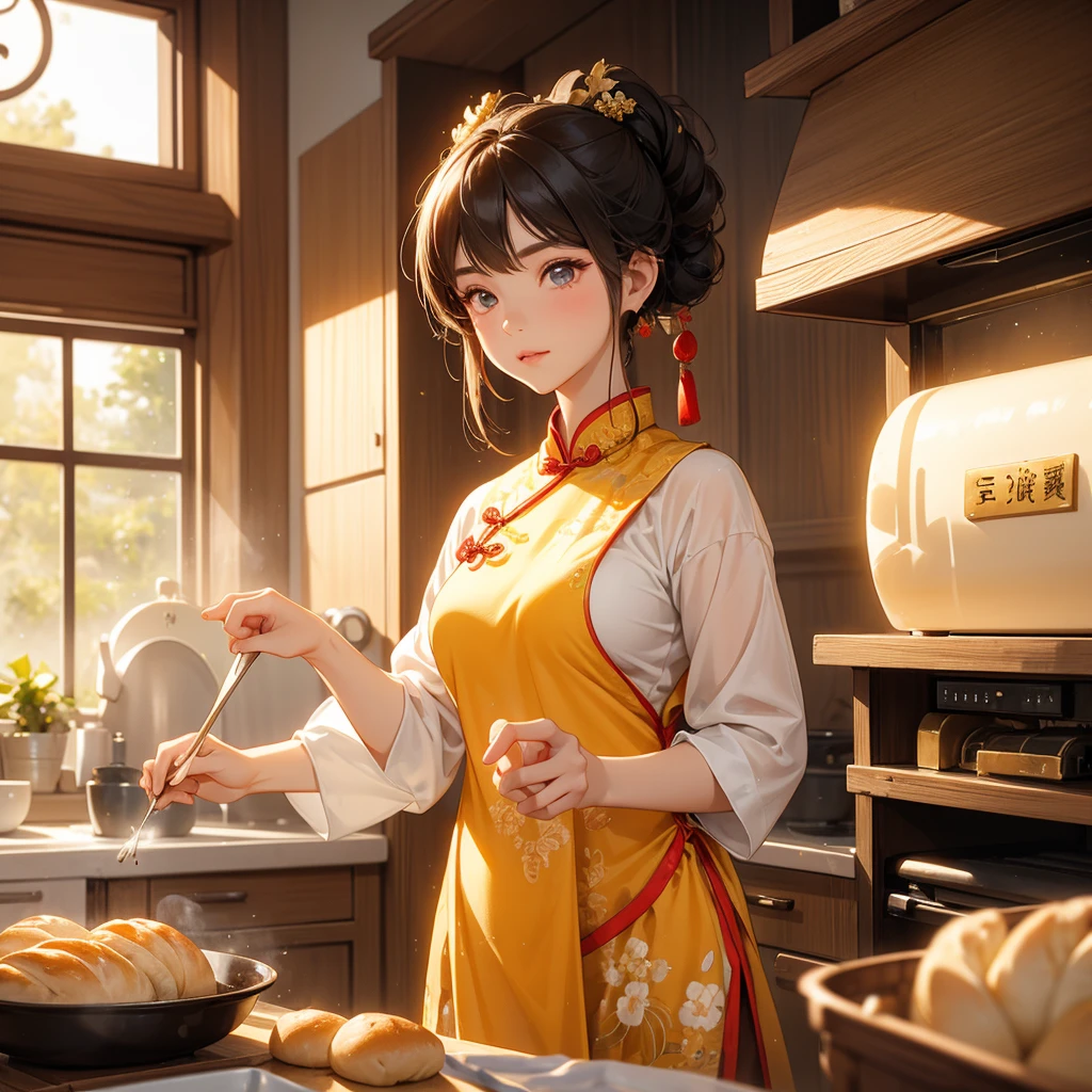 Beautiful girl in ancient Chinese costume Standing in the kitchen Baking bread in front of a large oven  in the middle of the day. The sun shines on my face, my eyes sparkle. There is a place for steaming steamed buns nearby, close up.
