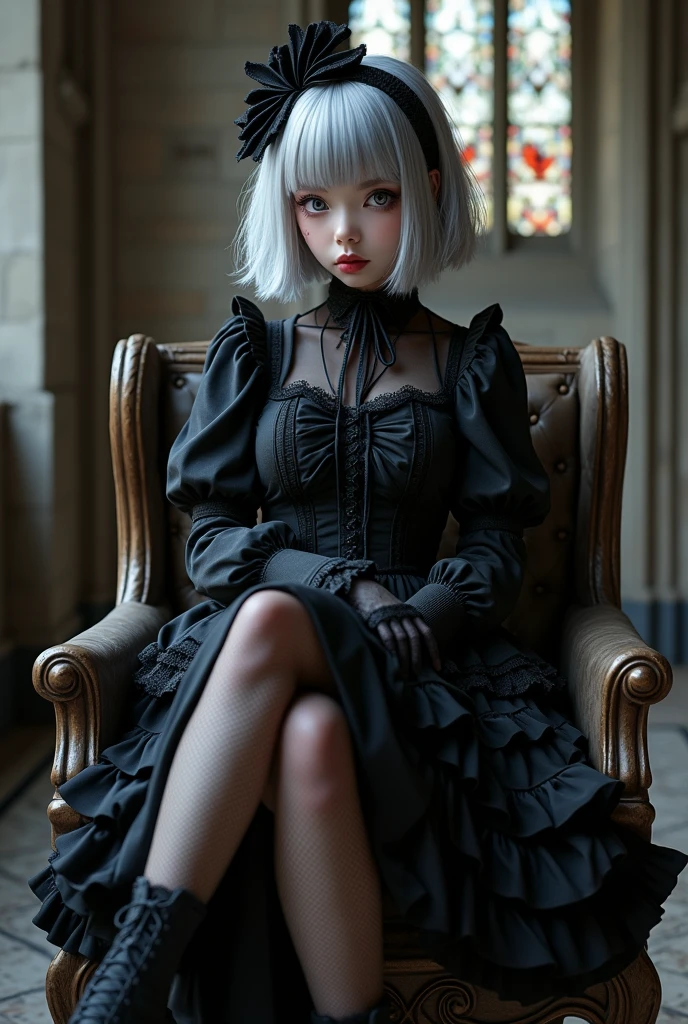 (8k, Photorealistic, Raw photo, Highest quality: 1.4),Japanese idol-style beautiful girl,model,1 person,18-year-old,(Short Bob),(Silver Hair :1.1),She has her hair tucked behind her ears,Headband,Clear grey eyes,Long eyelashes,(eye shadow(Black)),Eyeliner((Black)),(piercings(small)),(Pale, lifeless skin(Foundation)),(Lip gloss(Deep vermilion :1.1)),thin long neck,Large Breasts,(Lace gloves(Black)),(gothic lolita dress(Frills,Puffy long skirt :1.3)),(layer),(Fishnet tights),(lace up lolita shoes),Sitting in a chair,(Legs are V-shaped),(Background of a room with heavy Gothic-style stone stained glass),Full body portrait