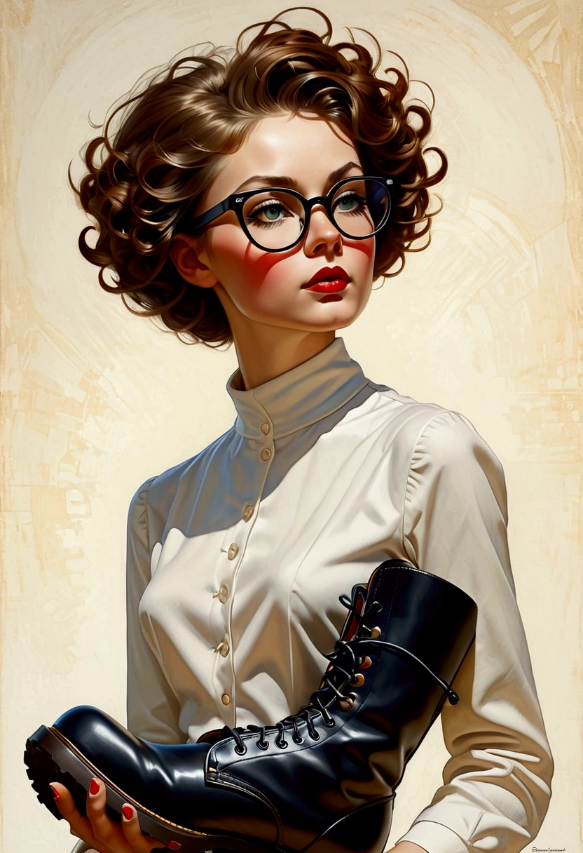 illustration dans le style de Norman Rockwell un beau mannequin aux cheveux bruns courts nu lunettes de soleil boots noires dt