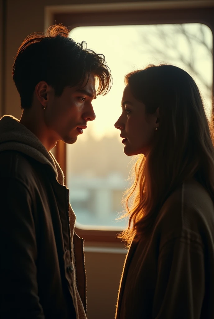 A ONE YOUNG MAN AND ONE YOUN WOMEN FACE LIKE CRYING, RED NOSE REASON COLD LOOKING STRAIGHT, MAN AND WOMEN STANDING AND SOME DISTANCE,DOCUMENTRY BACKGROUND ROOM , ONE WINDOW, SUN LIGHT IN BACKGROUND, REALISTIC DETAILS, 4K HD LOOKING STRAIGHT