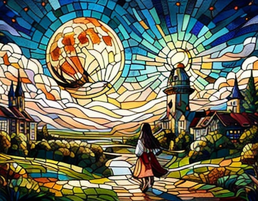 Full Moon Night，Brunette girl walking in the castle garden，masterpiece, best quality,,Stained glass painting, PP,8K,HD,