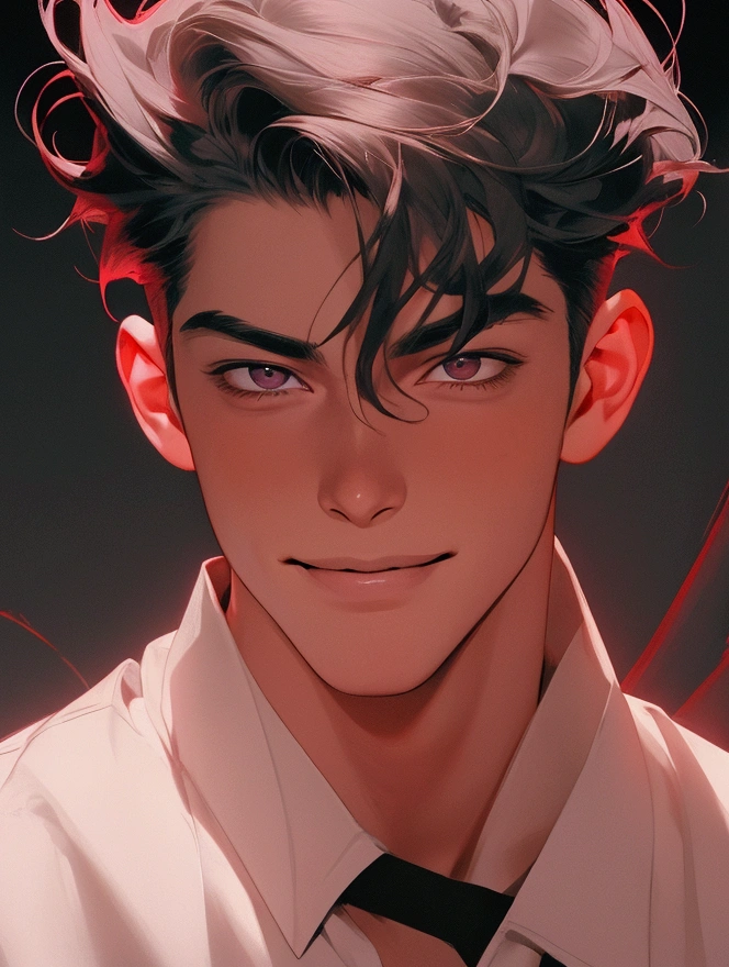portrait of a villian boy, handsome boy, glowing red room, boy in shadow middle part hair, dark vibes, looking up at camera, smiling like a maniac, grining, smirking, bloody nose, nose bleed, grayish hair, white shirt, shirt neckline with lace,