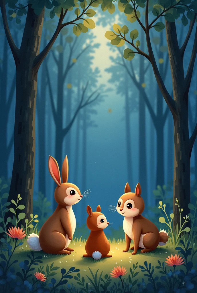 On the fringes of a forest clearing, a charming rabbit, squirrel, and an owlet congregate in peaceful companionship, their gaze traveling to the forward woods, caught in the evocative twilight of sunset. Temporary darkness starts to wash over the forest, its dense silence punctuated by the trifecta observation party. Watercolor masterpiece, featured on ArtStation, razor sharp focus, crafted meticulously in a studio setting