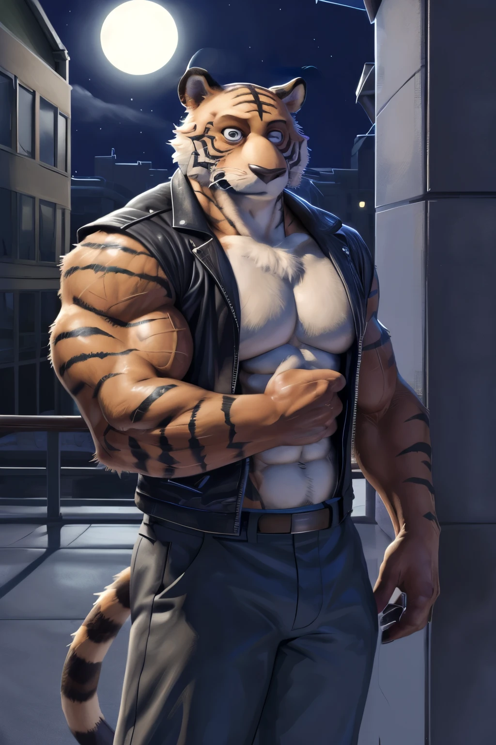 (by meesh, by zackary911, by by null-ghost), Bill, (From the Netflix anime Beastars) muscular, male, tiger, solo, bill \(beastars\), stripes, clothed, leather jacket, clothed, standing, night, akihabara, fluffy, male, male chest, large waist, largest pectorals, muscular body, large muscly arms, flexing