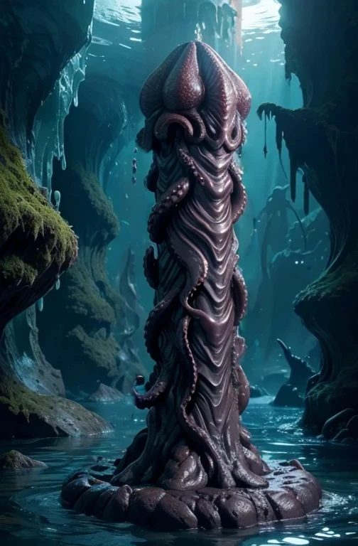 cave　darkness　moisture　slime　Rough texture　Vertical　Stone statue　Stone Pillar　grotesque　Penis　penis　mollusc　erotic　octopus　half submerged
