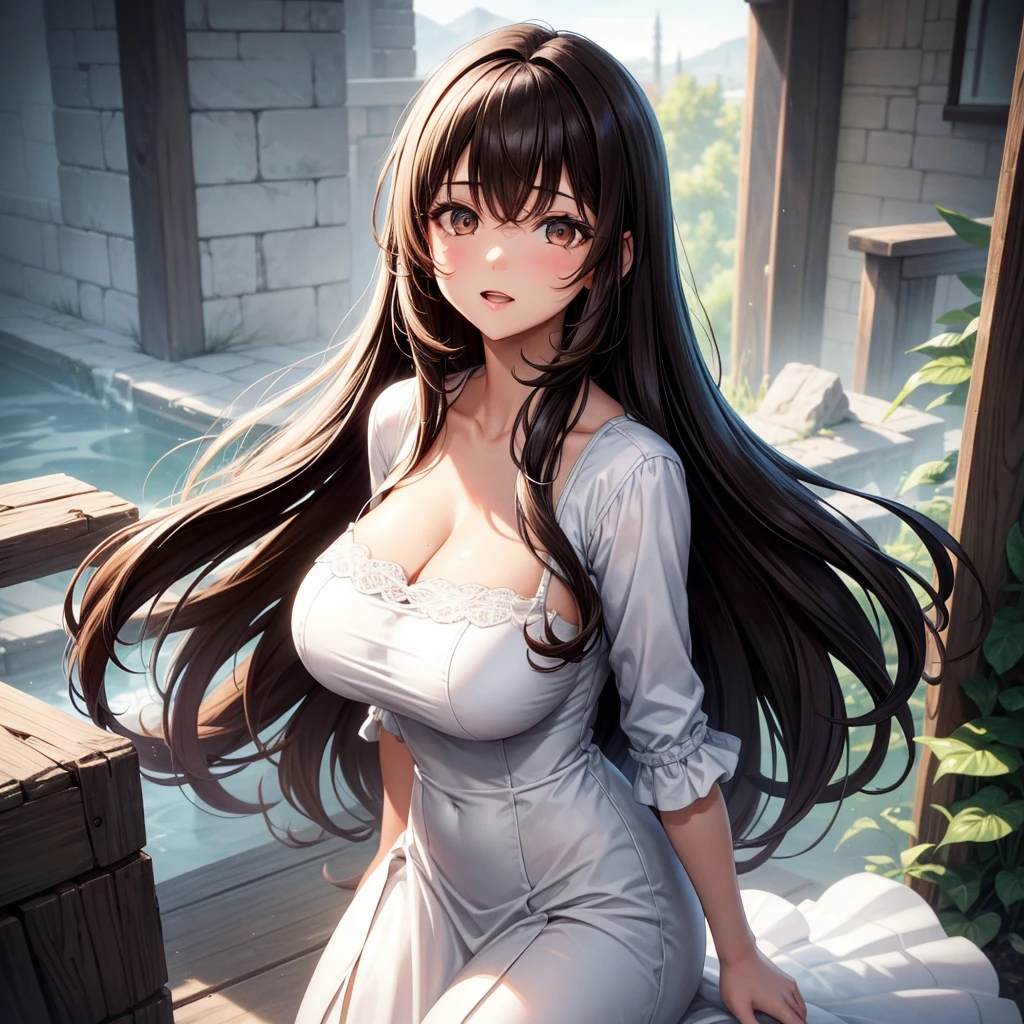 long dark hair / big tits / brown eye / white dress