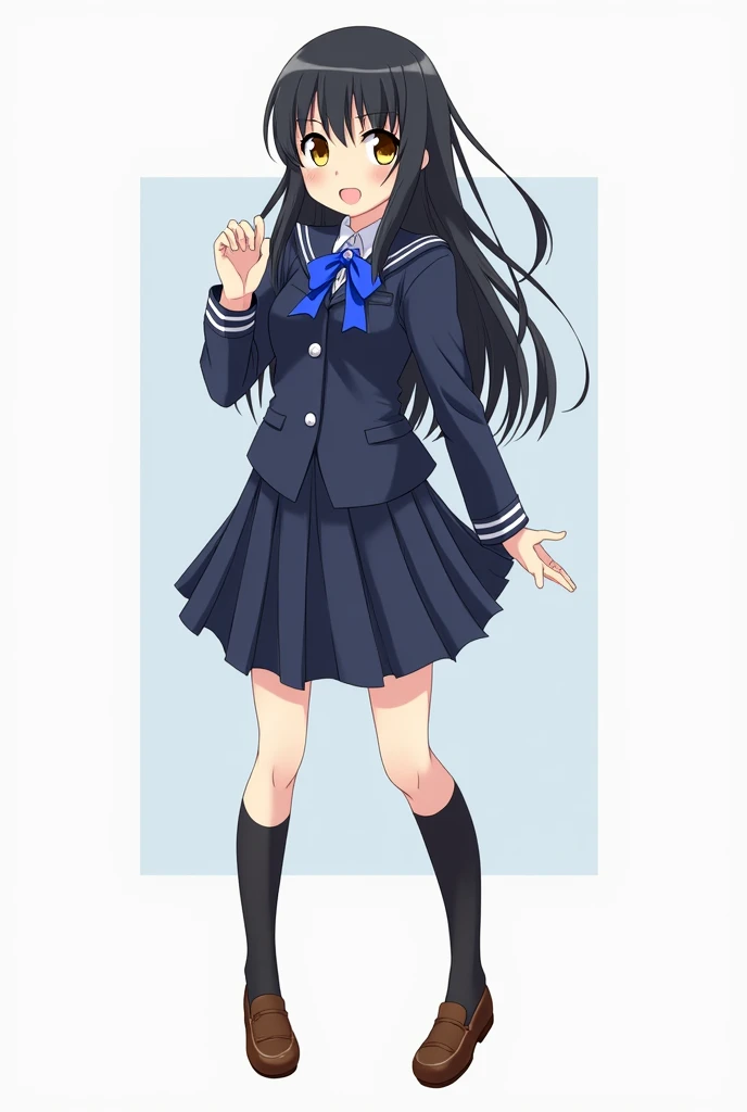 Navy blue school uniform、Navy Blue Ribbon、Long Black Hair、Japanese schoolgirl in black nylon high socks