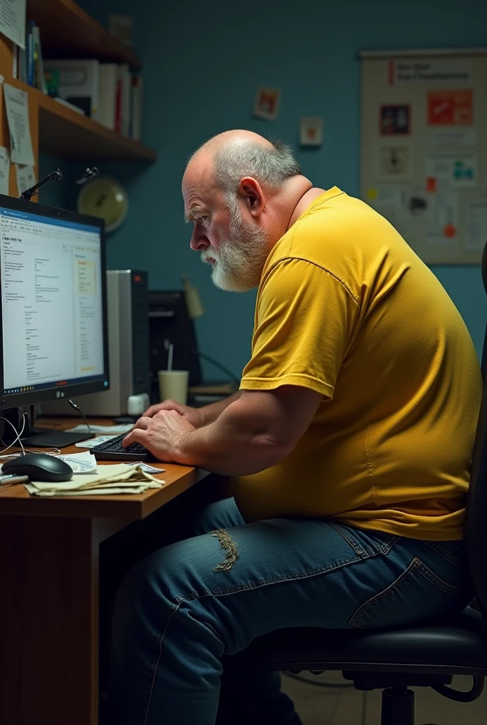 Fat titally bald guy withe yellow shirt and blue jeans working on computer