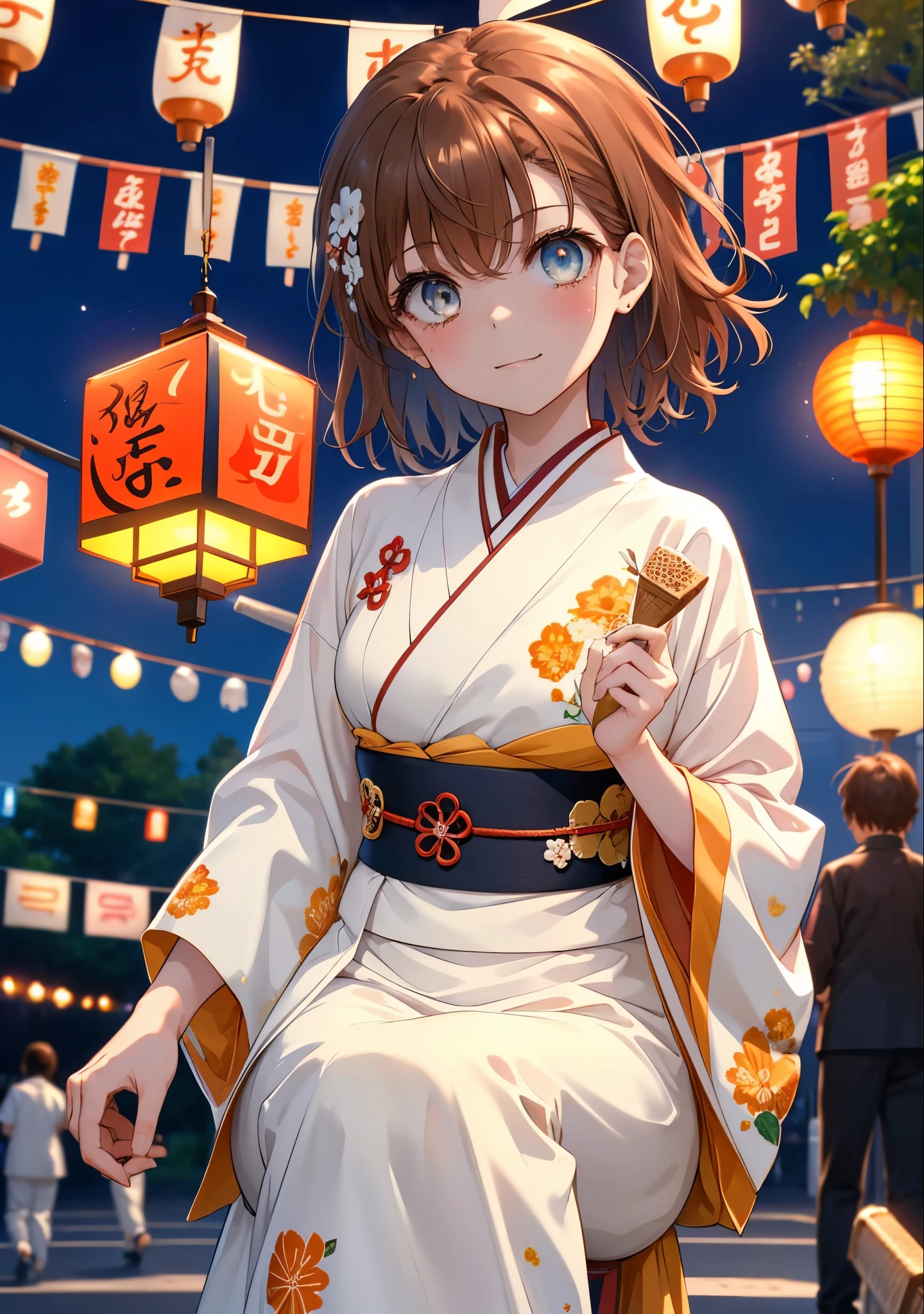 Mycotrose, Brown eyes,Brown Hair,short hair,One side up,Flower Hair Ornaments,Open your mouth,smile,White Kimono,Long skirt,Sandals,Holding ice cream in one hand,日本のfestival,夏festivalの屋台,Red lantern,whole bodyがイラストに入るように,night,
break looking at viewer,whole body,                 　　　　　break outdoors, festival,shrine,                                                             break (masterpiece:1.2), Highest quality, High resolution, unity 8k wallpaper, (shape:0.8), (Beautiful and beautiful eyes:1.6), Highly detailed face, Perfect lighting, Extremely detailed CG, (Perfect hands, Perfect Anatomy),