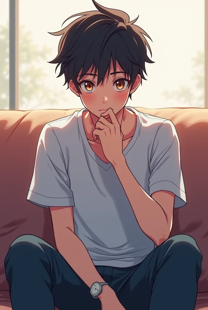 Anime 18 years old boy sitting on sofa show with front view