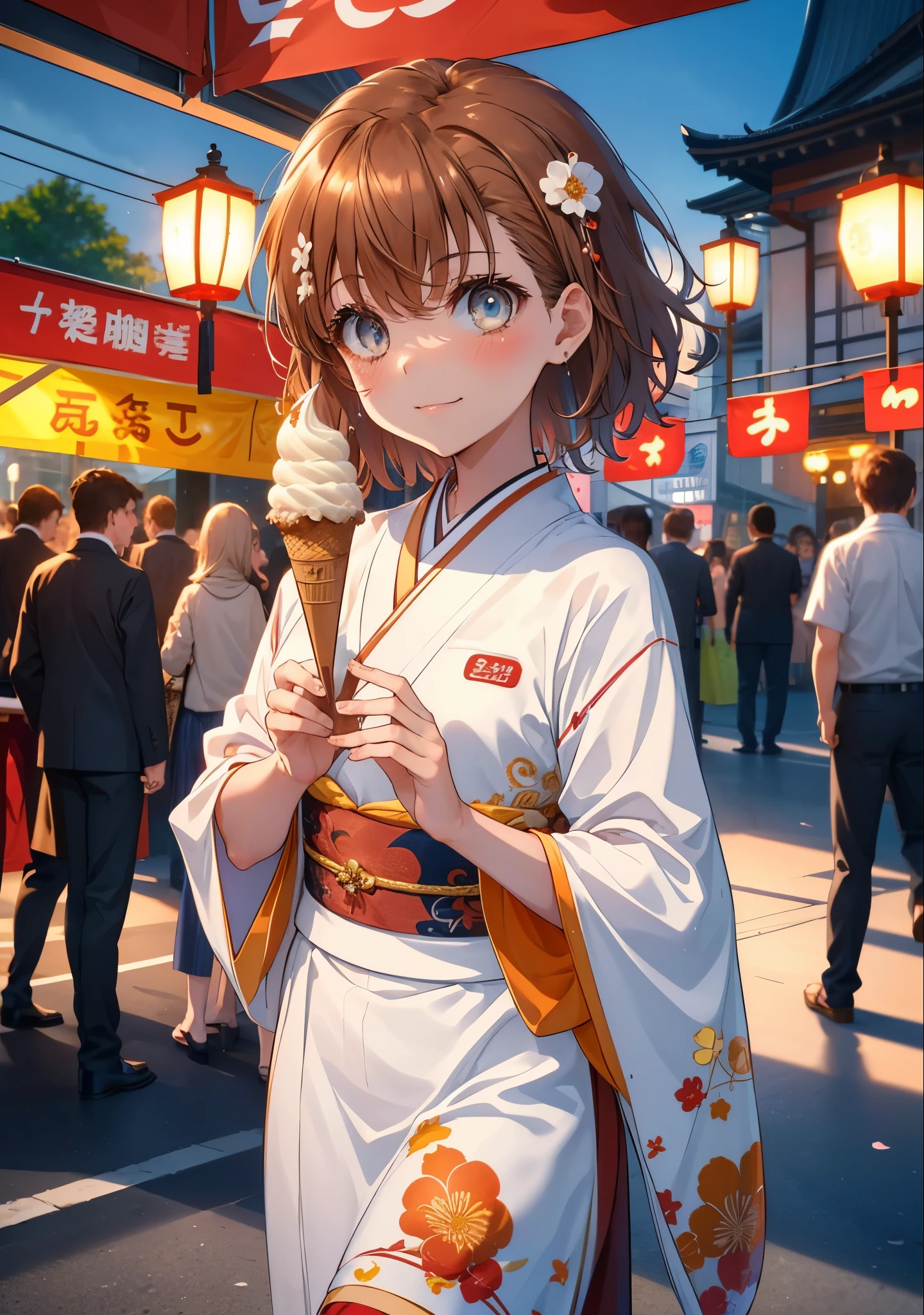 Mycotrose, Brown eyes,Brown Hair,short hair,One side up,Flower Hair Ornaments,Open your mouth,smile,White Kimono,Long skirt,Sandals,Holding ice cream in one hand,日本のfestival,夏festivalの屋台,Red lantern,whole bodyがイラストに入るように,night,
break looking at viewer,whole body,                 　　　　　break outdoors, festival,shrine,                                                             break (masterpiece:1.2), Highest quality, High resolution, unity 8k wallpaper, (shape:0.8), (Beautiful and beautiful eyes:1.6), Highly detailed face, Perfect lighting, Extremely detailed CG, (Perfect hands, Perfect Anatomy),