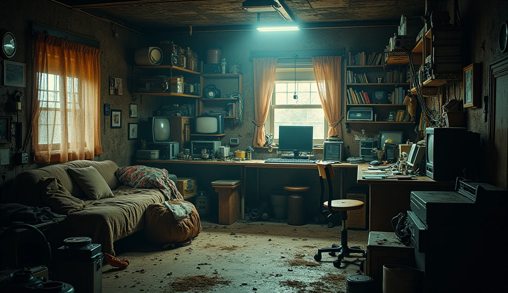 hakikomori room design, underground, lots of items, dirty, dark light, super detailing, cinematic light