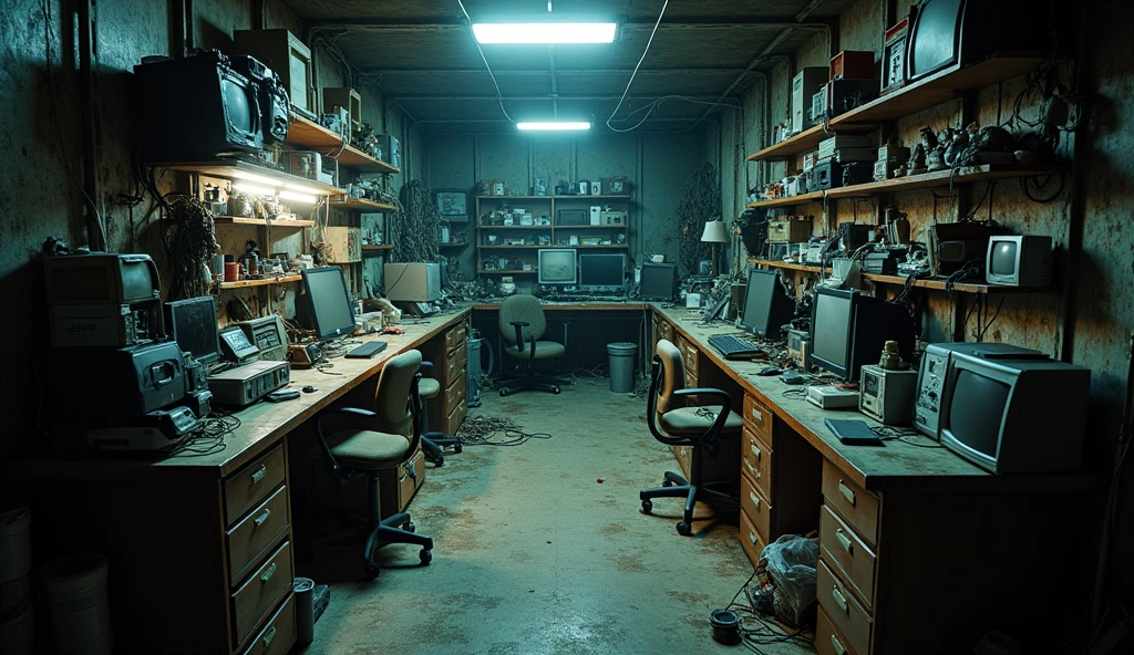 hakikomori room design, underground, lots of items, dirty, dark light, super detailing, cinematic light