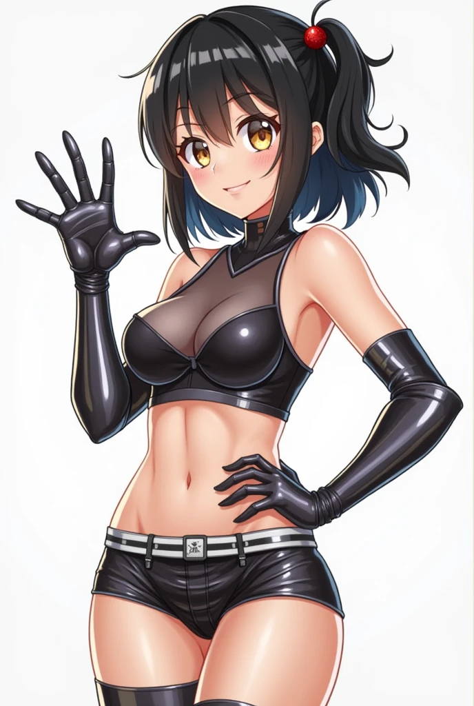 Black Hair、Bob Hair、Shiny Sports Bra、Shiny sports shorts、Knee-high boots、Shiny gloves that reach down to the upper arms