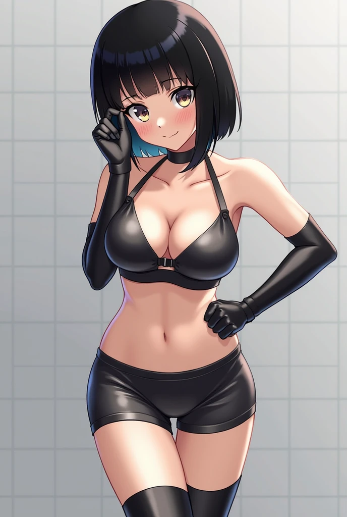 Black Hair、Bob Hair、Shiny Sports Bra、Shiny sports shorts、Knee-high boots、Shiny gloves that reach down to the upper arms