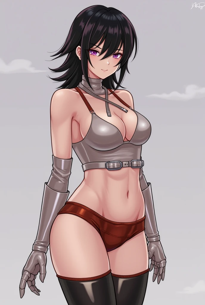 Black Hair、Bob Hair、Shiny Sports Bra、Shiny sports shorts、Knee-high boots、Shiny gloves that reach down to the upper arms
