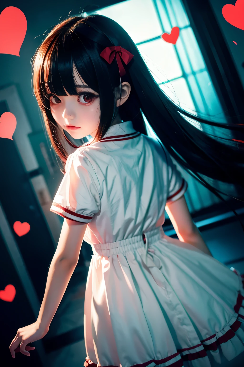 Yandere and slightly horror girl kawaii anime anime art anime style girl with red tear bags big tear bags puffy eyes anime digital art beautiful girl cute but a little mentally ill 8K high quality background ruins angle from below