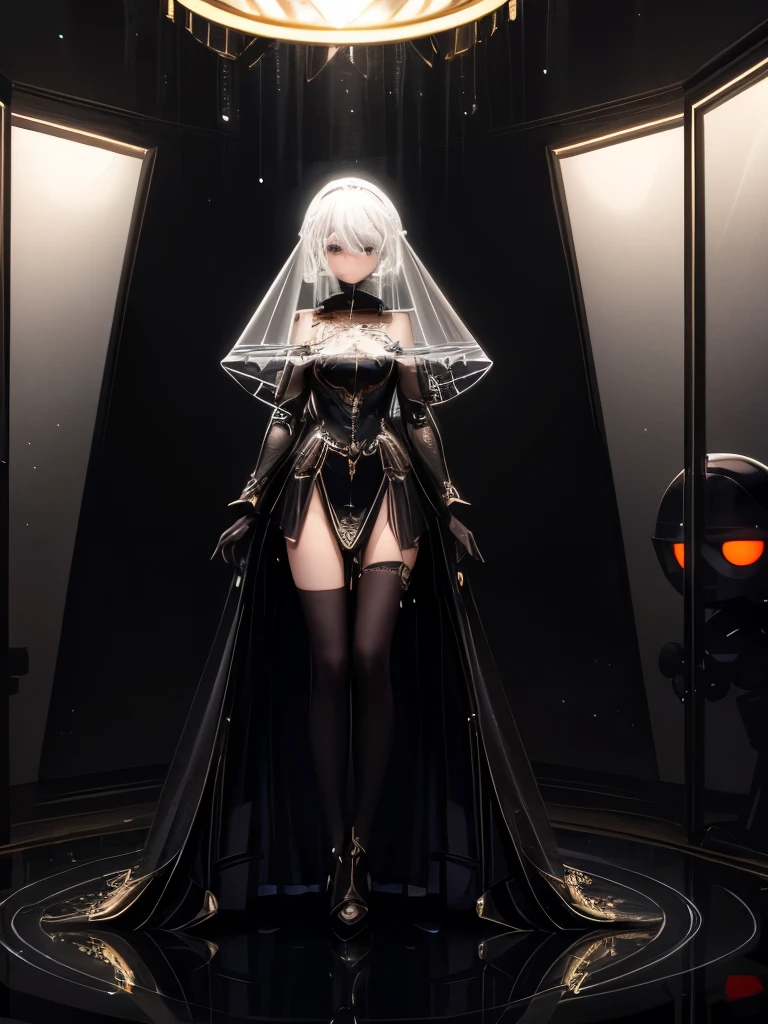 8k, dark_Fantasy, Delicate face, (Delicate glass eyes: 1.5), standing full body portrait, One eye is black, One eye is red, 1 person, A mechanical miracle, Robotic presence