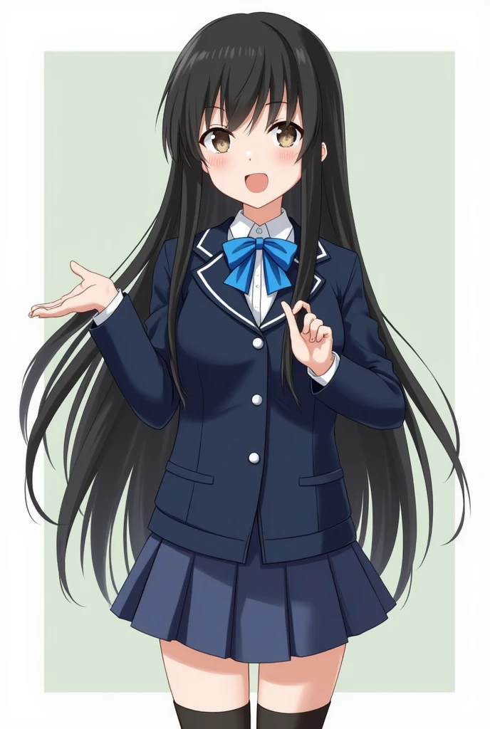 Navy blue school uniform、Navy Blue Ribbon、Long Black Hair、Japanese schoolgirl in black nylon high socks。Realistic images