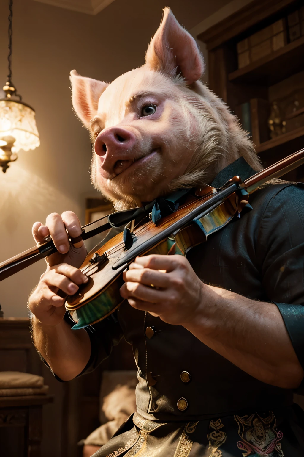 Macho pig, maestro, playing violin masterfully, intricate detailing, anthropomorphic, elegant performance, soft shadows, lush, ornate background, vivid colors, dynamically posed, intense focus on pig, expertly rendered fabric textures, cinematic feel, by artgerm, highdefinition, surreal, closeup, warm tones, illustrated style, whimsical, vibrant, animated movement, beautifully composed, artistic flair, radiant lighting, precise brushstrokes