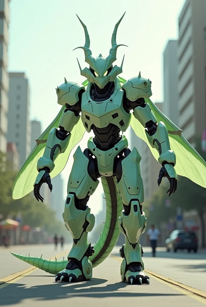 A cyborg humanoid dragon that combines biotechnology and robot technology, its head has the horns of an oriental dragon or a "japanese rhinoceros beetle", smart and muscular body is armored with ultra-hard metal like the outer shell of an insect, It is equipped with Internal auxiliary skeleton imitating trees and living things, elytra on the back with dragon wings and ion thrusters inside, pale jade-colored powered suit, friendly smile, bright and energetic personality, white background, sunny day, futuristic feel In a city lined with buildings, they spread their wings and fly softly to greet people passing by.