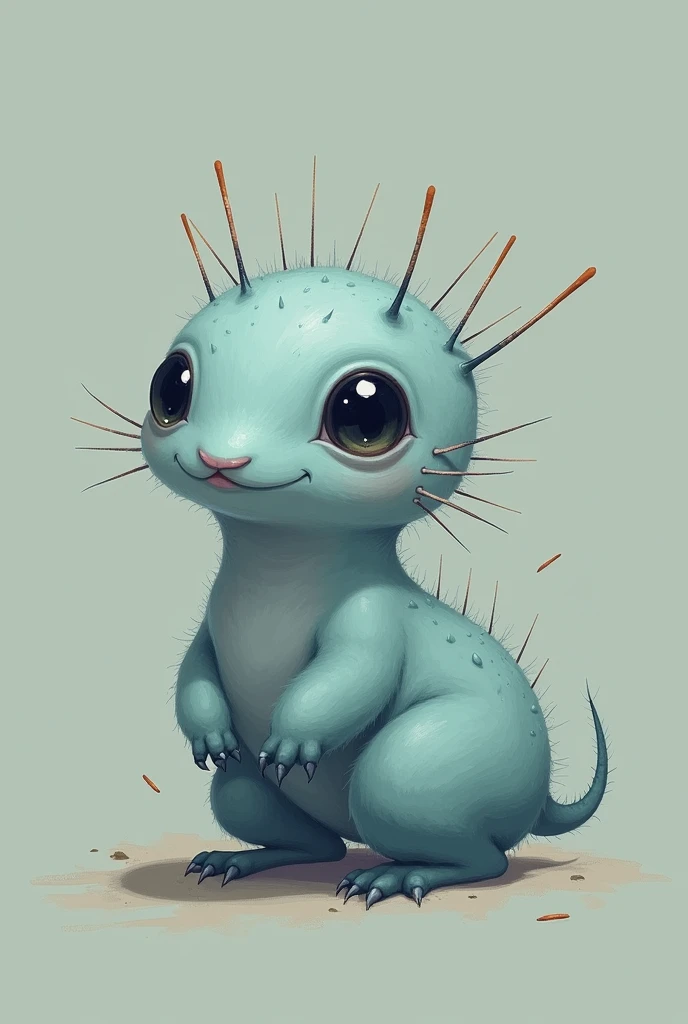 Draw a small animal of 2 to 3 cm in size, slim and rounded body, bluish-gray in color, that has long, thin spines filled with hair and which it can throw, In addition to having 6 short legs full of very fine hair, with eyes almost:invisible