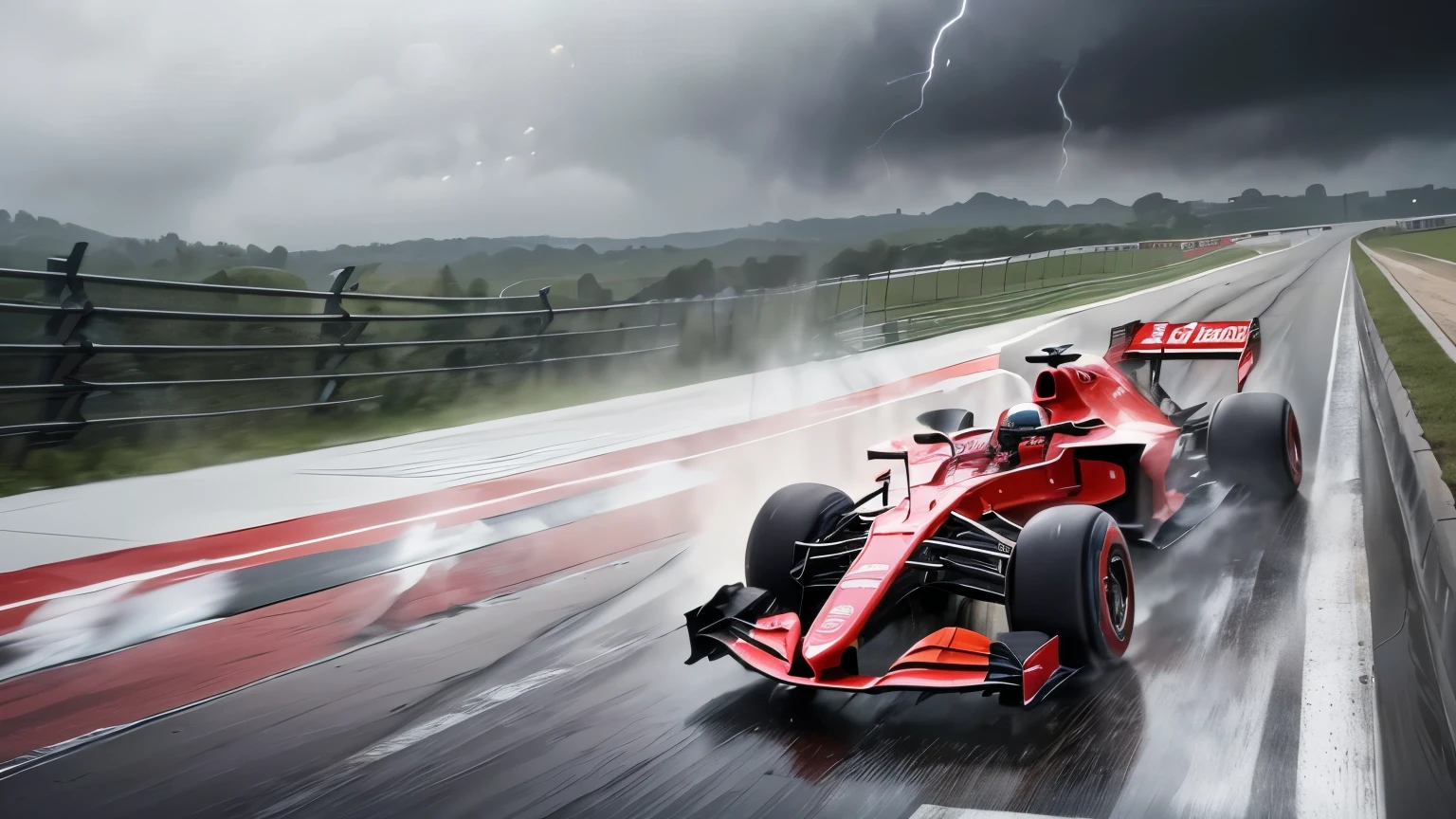 A high-speed red F1 car racing down the track, captured from behind, with a dramatic thunderstorm raging in the background. The sleek car's body gleams under the flashes of lightning, and the wet track reflects its intense motion. Water sprays from the tires as the F1 car zooms past, leaving a trail of mist. The powerful stormy sky and the energy of the race combine to create a dynamic and high-resolution scene full of adrenaline.