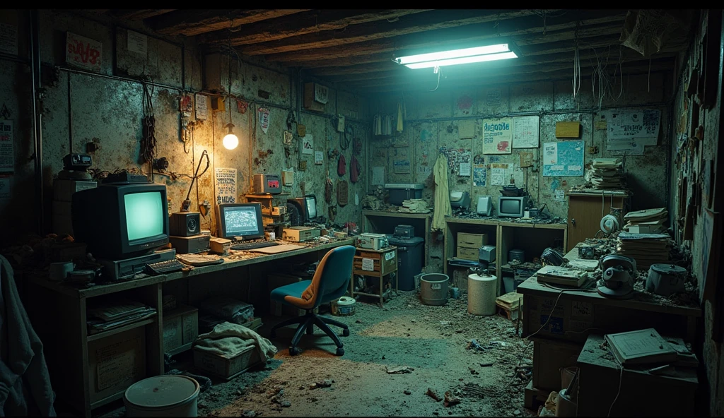 hakikomori room design, underground, lots of items, dirty, dark light, super detailing, cinematic light, Wong kar-vai style