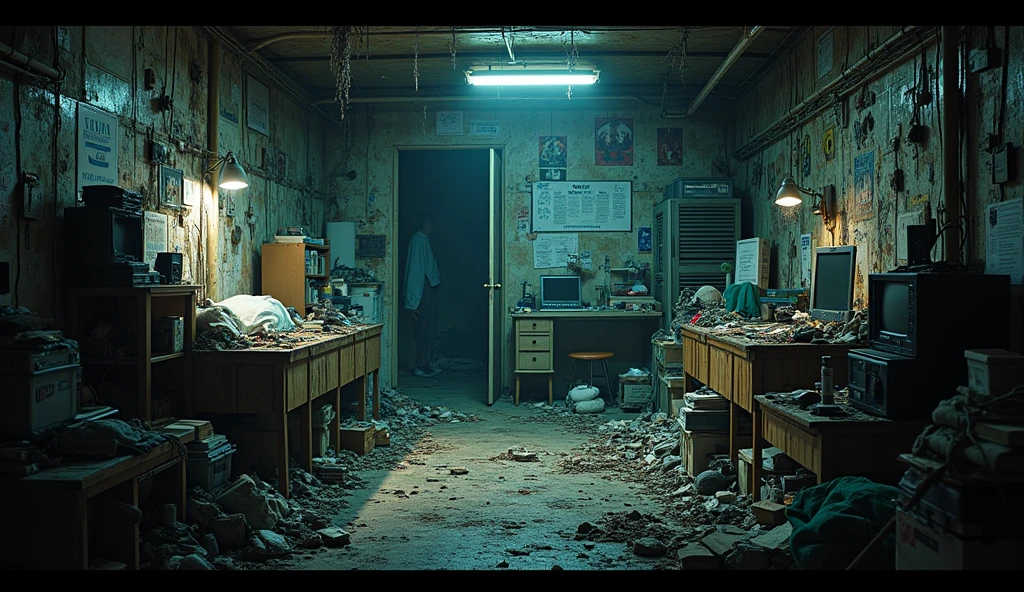 hakikomori room design, underground, lots of items, dirty, dark light, super detailing, cinematic light, Wong kar-vai style