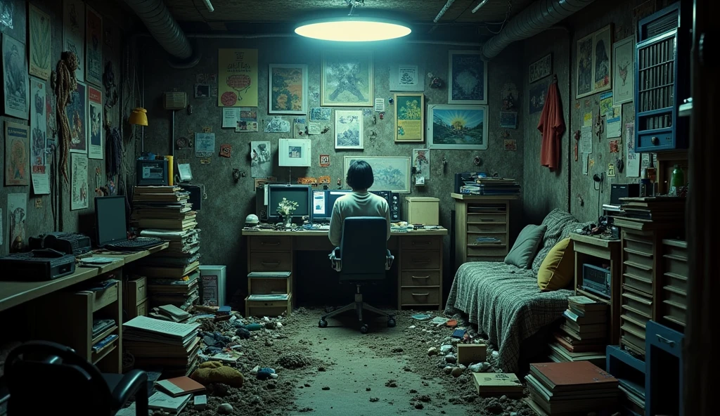 hakikomori room design, underground, lots of items, dirty, dark light, super detailing, cinematic light, Wong kar-vai style
