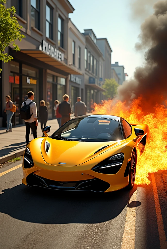 highly realistic image of a bright yellow McLaren with the rear of the car engulfed in large flames. The vehicle is parked in front of a store on a sunny, clear day, with the bright afternoon light reflecting off the car's glossy surface. The fire at the back is intense, with thick smoke rising, but the front of the car remains untouched. In the background, pedestrians walk by, some glancing at the burning car, while others continue on their way, creating a stark contrast between the dramatic fire and the otherwise calm, everyday scene