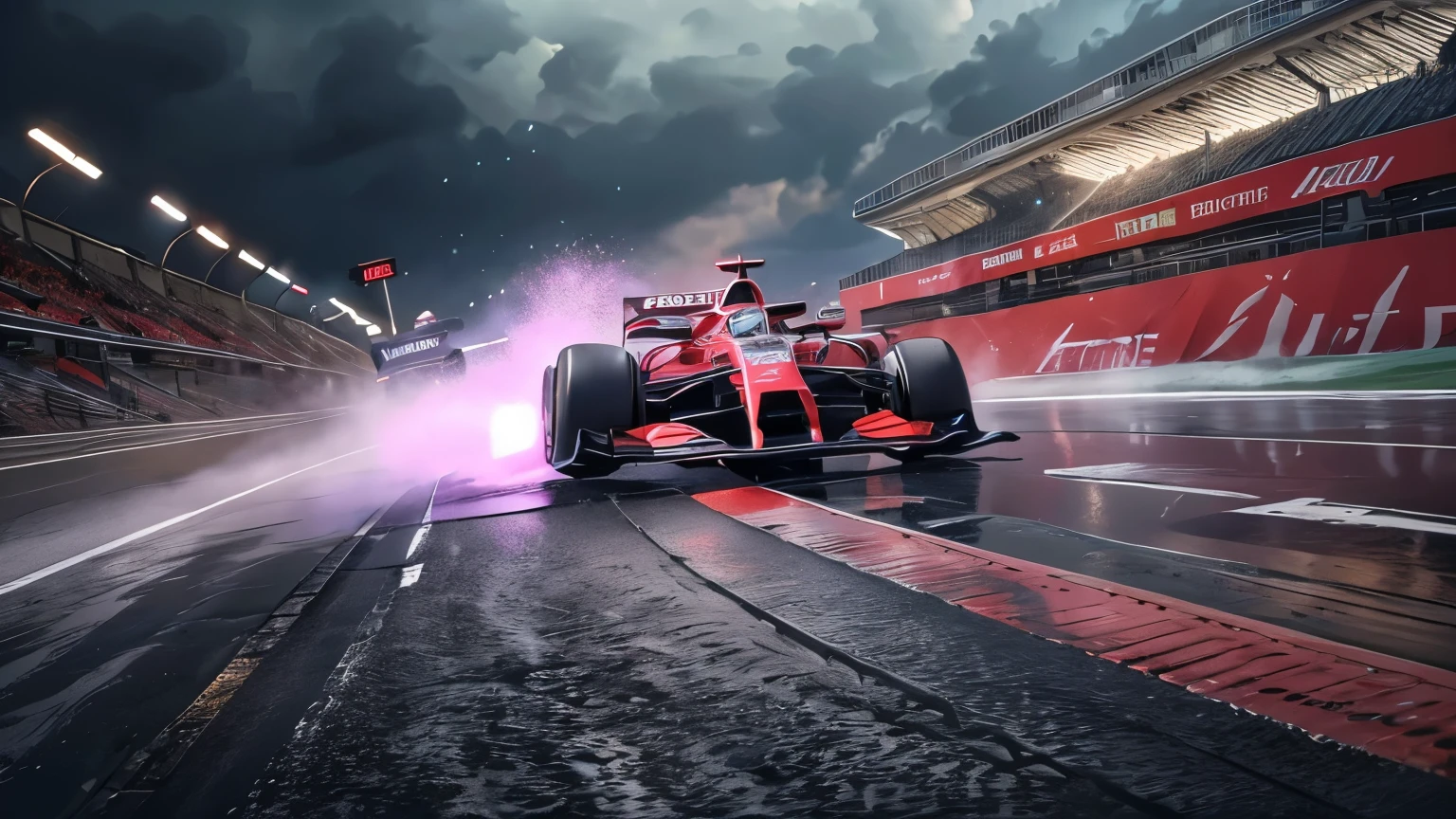 A high-speed red F1 car racing down the track, captured from behind, with a dramatic thunderstorm raging in the background. The sleek car's body gleams under the flashes of lightning, and the wet track reflects its intense motion. Water sprays from the tires as the F1 car zooms past, leaving a trail of mist. The powerful stormy sky and the energy of the race combine to create a dynamic and high-resolution scene full of adrenaline.