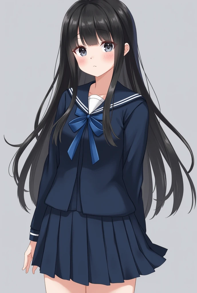 Navy blue school uniform、Navy Blue Ribbon、Long Black Hair、Schoolgirl in black nylon high socks。Realistic images