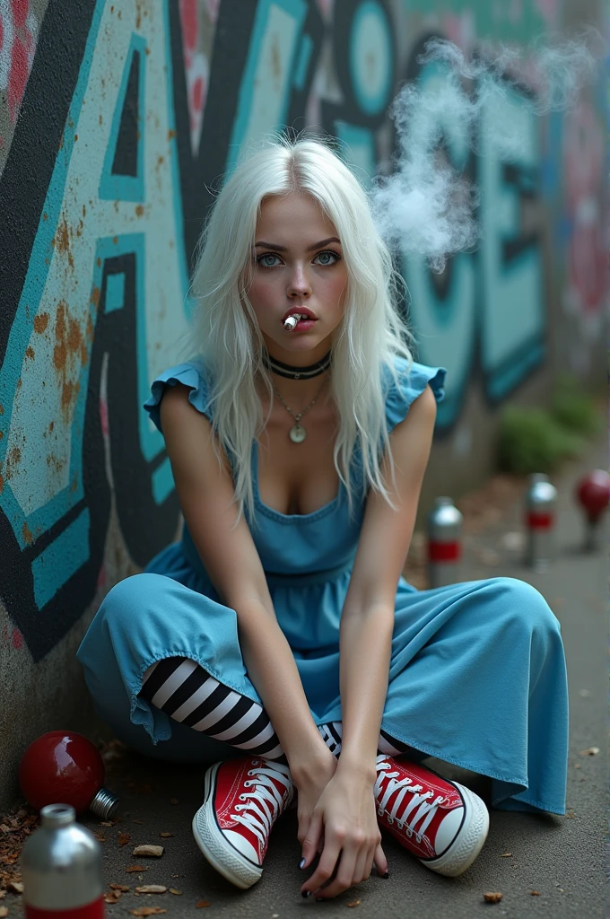 Hyperrealistic photo of beautiful girl, where she is sitting on the street smoking a cigarette, she is wearing a bue aqua dress, striped stockings and blue aqua Converse sneakers, the wall behind her back is decorated with graffiti, empty bottles are scattered around, the air is filled with age protest, smoke is coming from her nose, she looks cool and determined, blue eyes, white hair. Cool iPhone wallpapers]