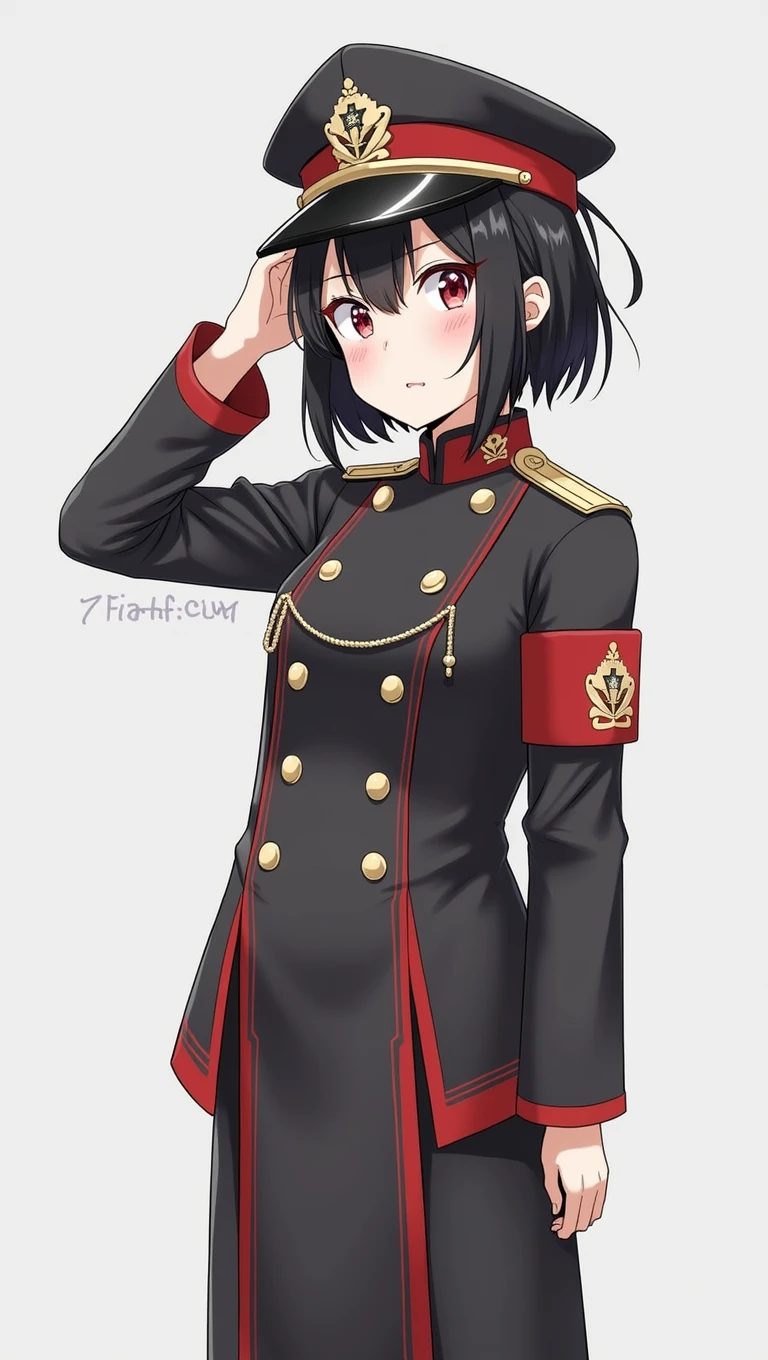 girl, Flat Chest, Short black hair, Has ram's horns, expose forehead, Black and red military uniform, General peak cap, Red armband.