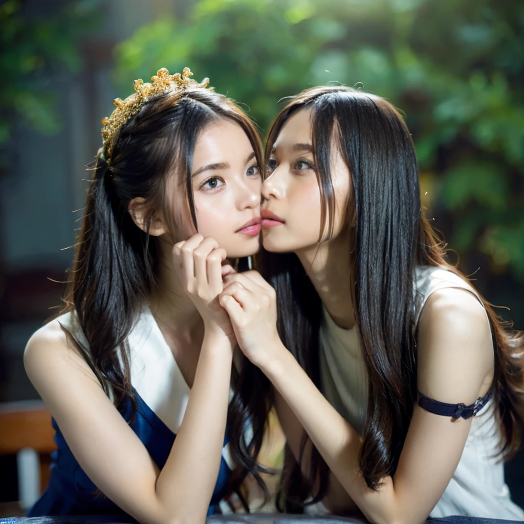 (Two Chinese stars of royal sister style,duo,caress,kiss), ((Highest quality, 8k, Tabletop: 1.3)), concentrated: 1.2, Perfect Body Beauty: 1.4 , (Interesting Expressions), (City of night: 1.3), Highly detailed face and skin texture, Beautiful Eyes, double eyelid, Skin whitening, (Air Van: 1.3), (Round your face: 1.5), (Thin strap top: 1.4),