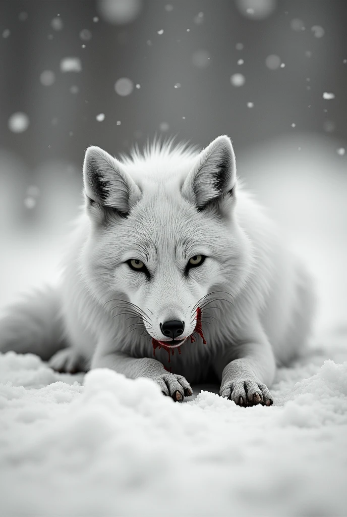 a dying, dirty, helpless white fox lying in a snowy field, covered in mud and blood, with a desperate expression, tears in its eyes, and blood on its mouth, in a bleak, snowy, abandoned landscape, monochrome, high contrast, cinematic, dramatic lighting, photographic style