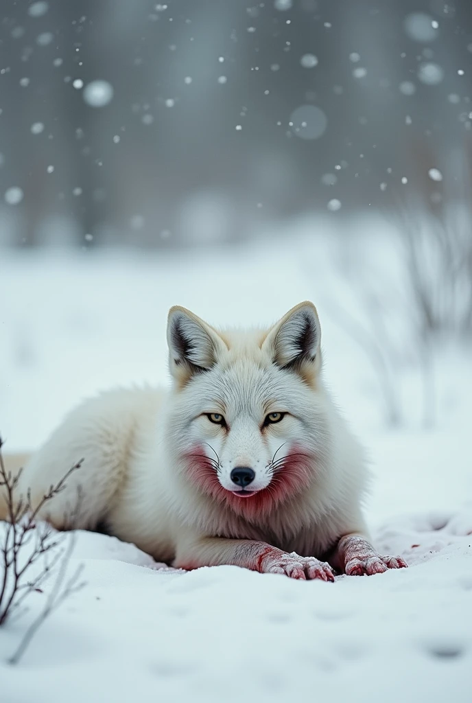 a poor, helpless, dirty, desperate pure white fox, its fur soaked in mud and snow, looking rather disheveled, but with a desperate look in its eyes, tears in the corners of its eyes, and traces of blood at the corners of its mouth, lying in the snow-covered wilderness, its body covered in bloodstains, the scene is a snow-covered wilderness, silent all around, heavy snowfall, creating a desolate and atmosphere, the fox's predicament evokes sympathy, photography (using black and white filter, emphasizing the outline of the fox and the texture of the snow)
