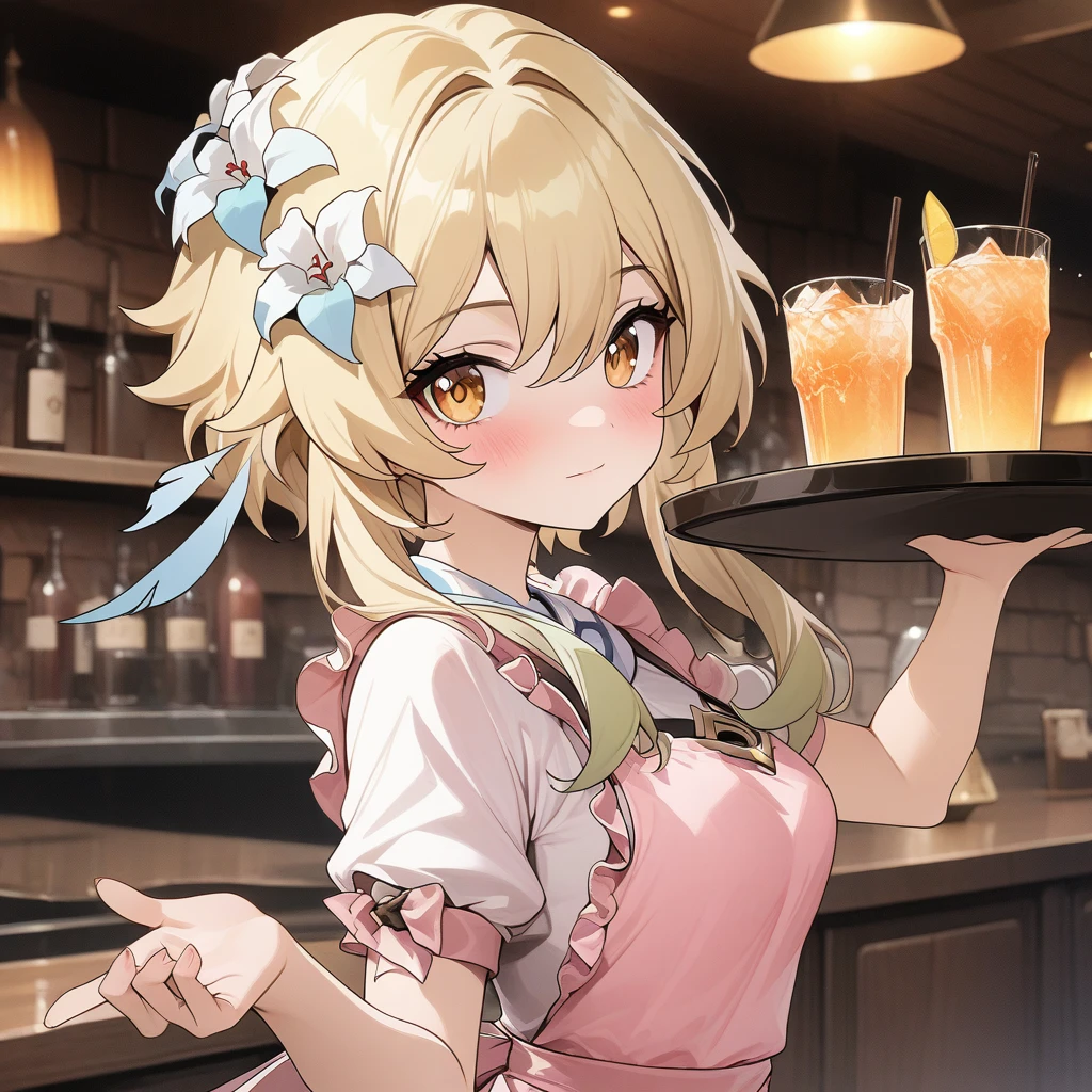 Lumine,  lumine from genshin impact, stylish pose, serving drinks, holding  tray of drinks, anatomically correct, 1girl, blonde, golden eyes, beautiful face, pink dress, apron, bar background, decorative, masterpiece, high quality, hd, 4k, upper body, genshin artstyle, 