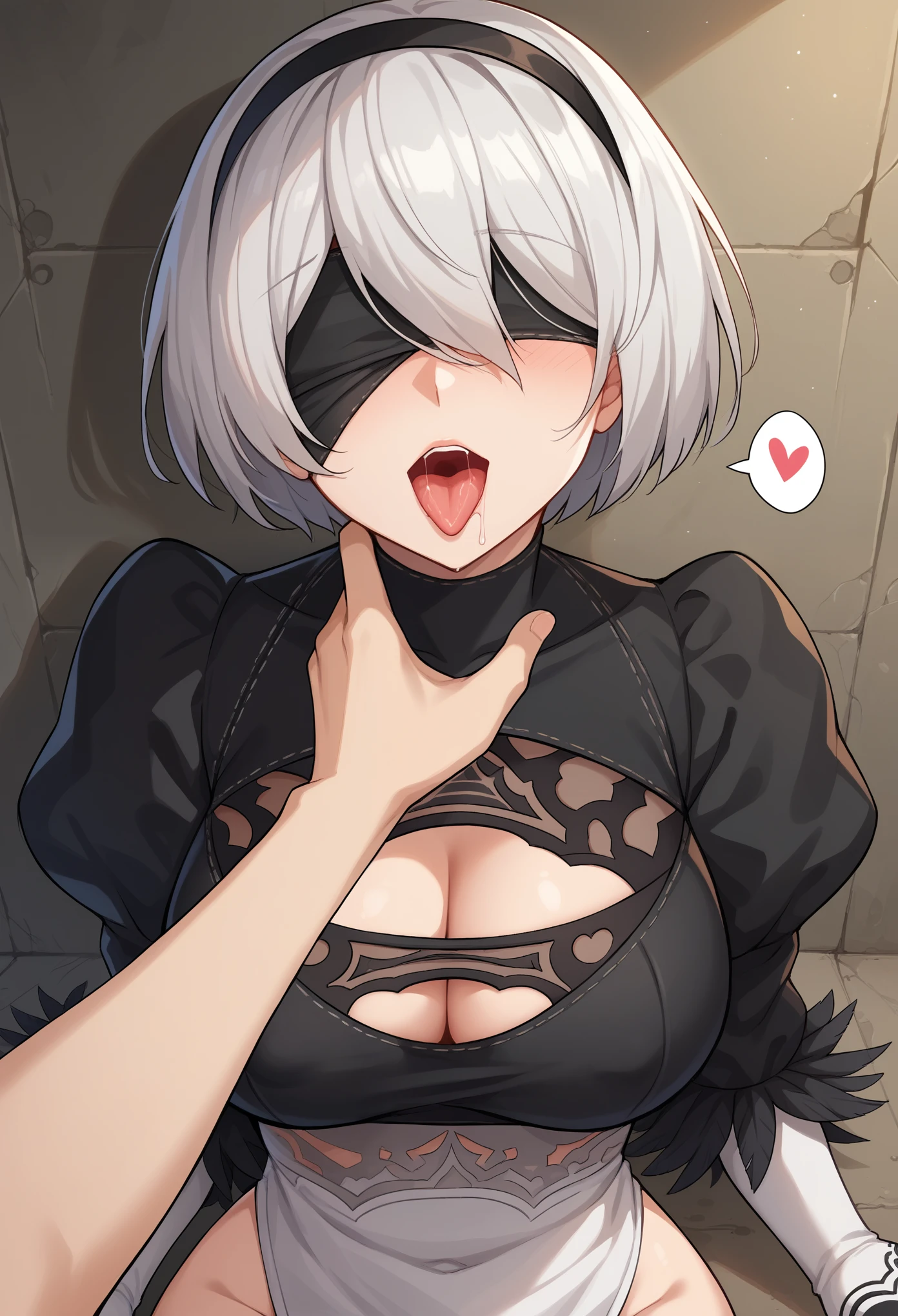 score_9, score_8_up, score_7_up, score_6_up, Abandoned room,
BREAK
ExpressiveH, souce_explicit, souce_anime,
BREAK
1girl, solo, 2b, black blindfold, black hairband, blindfold, hairband, short hair, white hair, elect nipple, large breasts, happy, tongue, spoken heart, saliva, face waiting for kiss, 
 cleavage cutout, clothing cutout, hairband,  

,,
,

 pov, face on focus, from front,