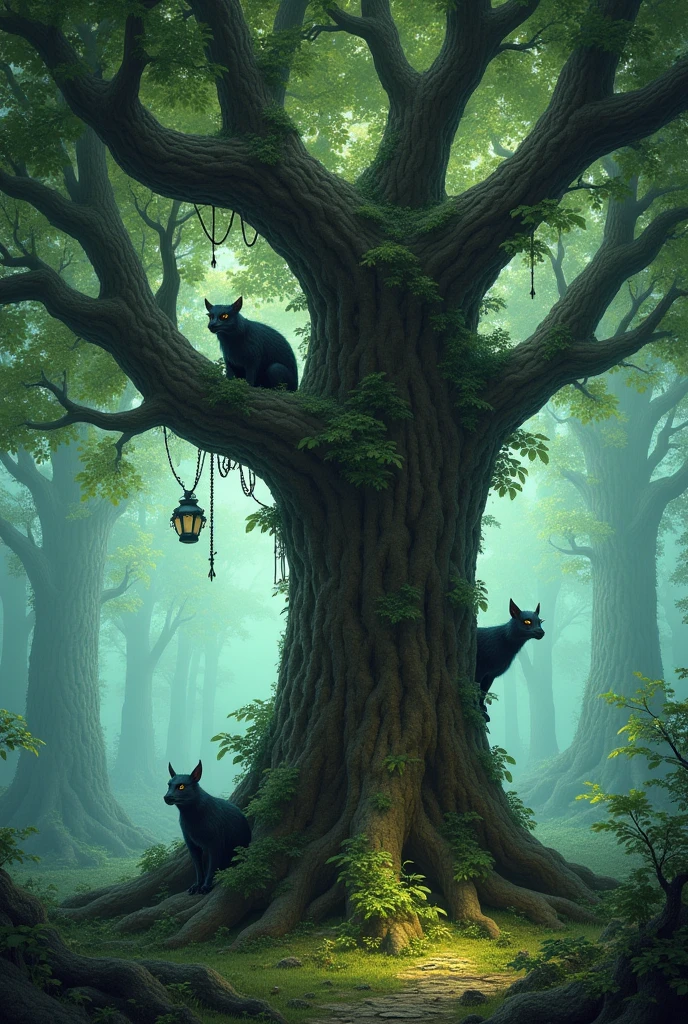 a book cover. the picture is from the inner pov of a tree and there are mythical creatures peeking on it