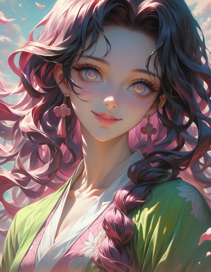 mitsuri kanroji, demon slayer, beautiful girl, cute smile, extremely detailed face, intricate detailed hair, detailed eyes and lips, delicate facial features, flowing hair, beautiful detailed expression, exquisite detailed portrait, hyper realistic, 8k, high quality, masterpiece, digital art, cinematic, dramatic lighting, vibrant colors, fantasy art, visionary art